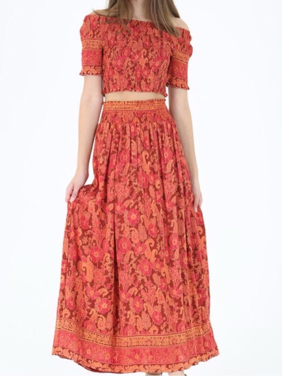 Angie Dresses & Skirts - NWT Angie skirt orange yellow rust multi color print - smocked waist - M boho